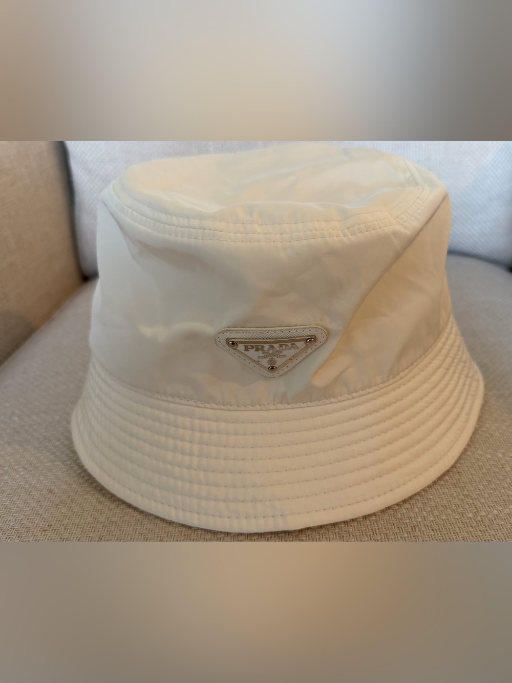Prada Cream Nylon Bucket Hat with Logo Plaque